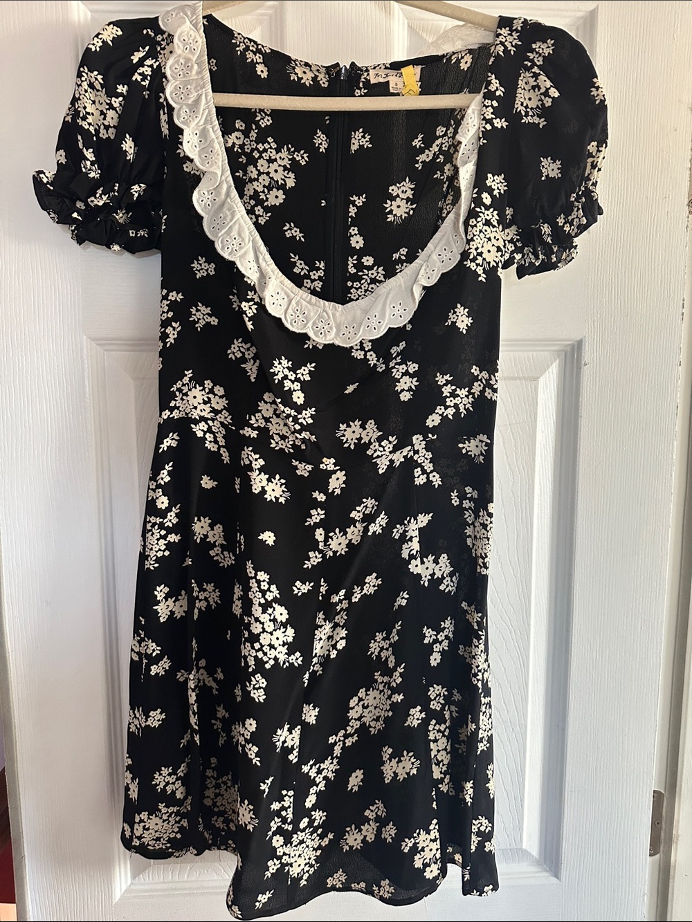 For Love And Lemons Black Mini Dress with White Floral Print and Lace Trim